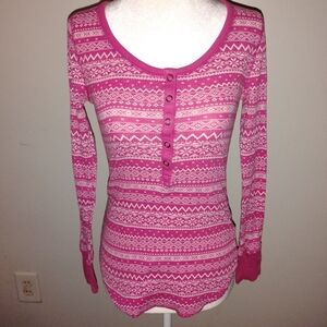 Women’s Pink Patterned Henley Thermal Top